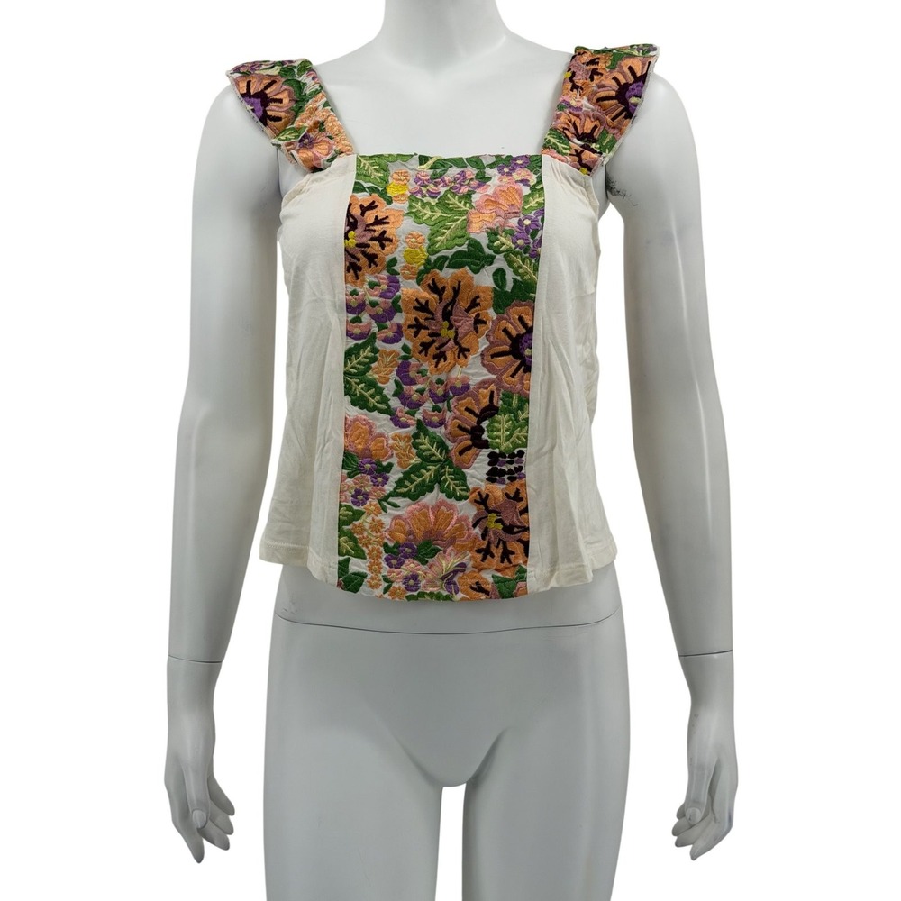 Tiny Anthropologie Top Womens XS Cream Marin Floral Embroidered Summer Boho